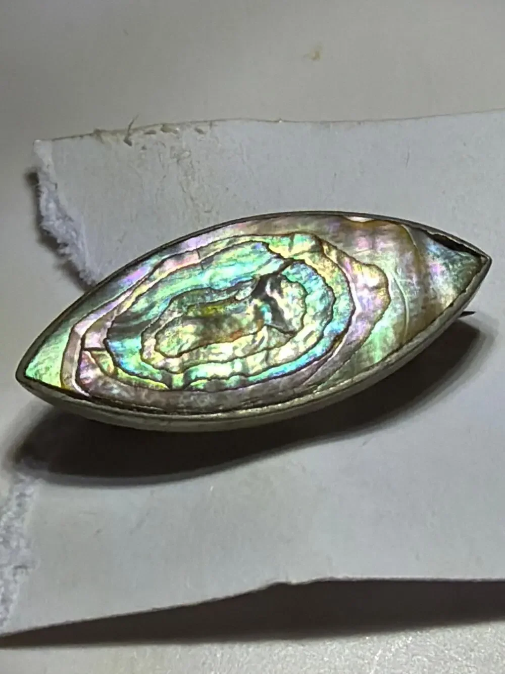 Vintage Abalone Shell Marquise Brooch Pin Sterling Silver Mother of Pearl MOP
